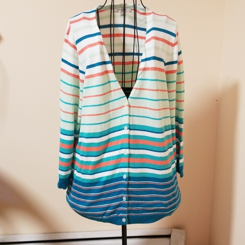 Liz Claiborne striped v neck cardigan sz L A260688